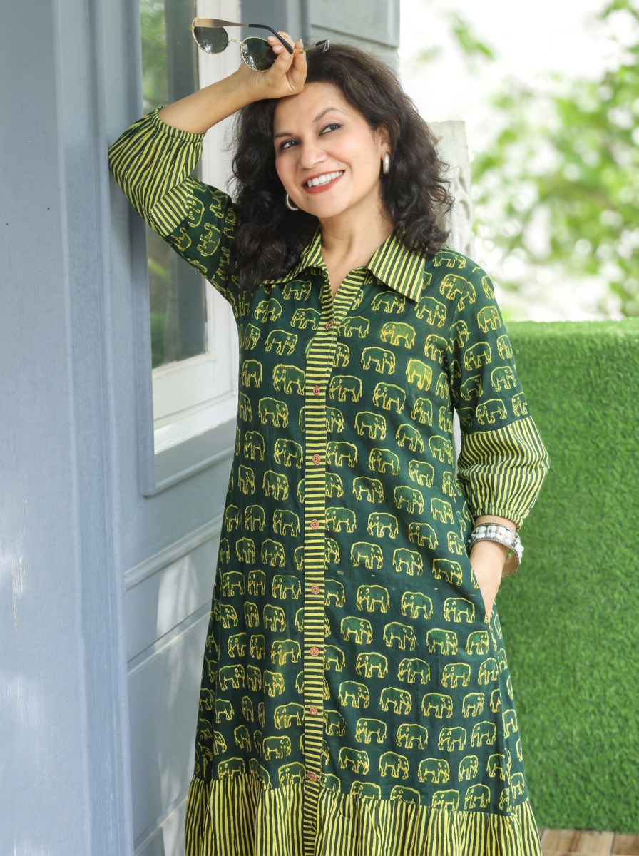 Misya Pine Green Gajj Printed Button Down Cotton Dress