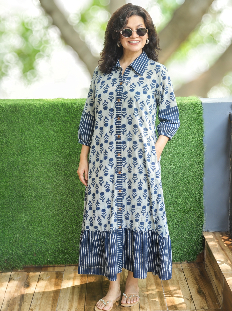 Misya Ice Blue Dabu Printed Button Down Cotton Dress