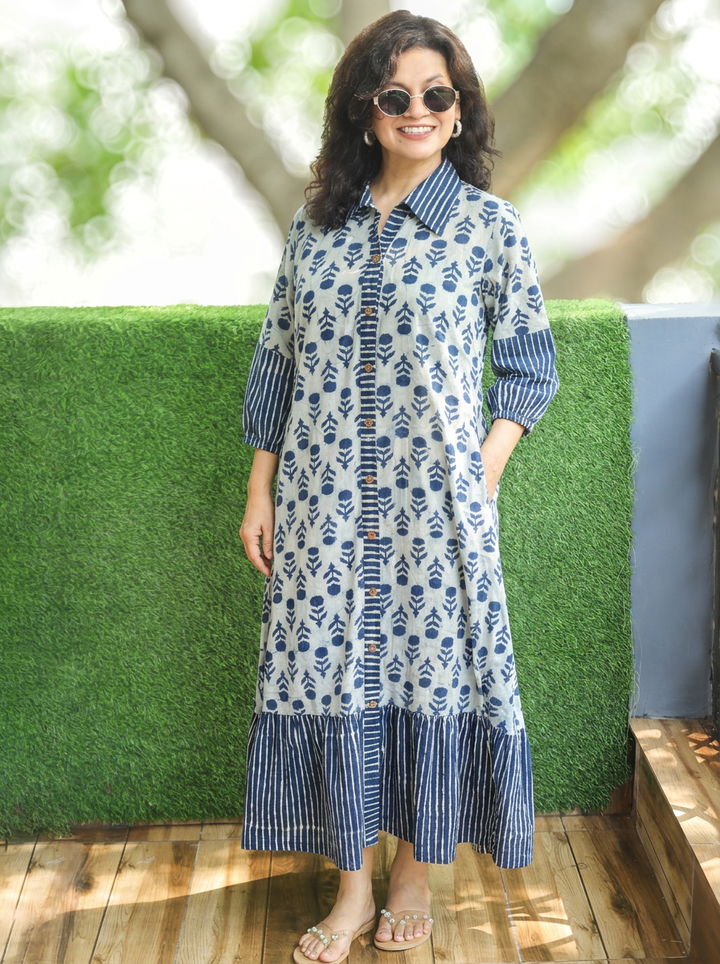 Misya Ice Blue Dabu Printed Button Down Cotton Dress