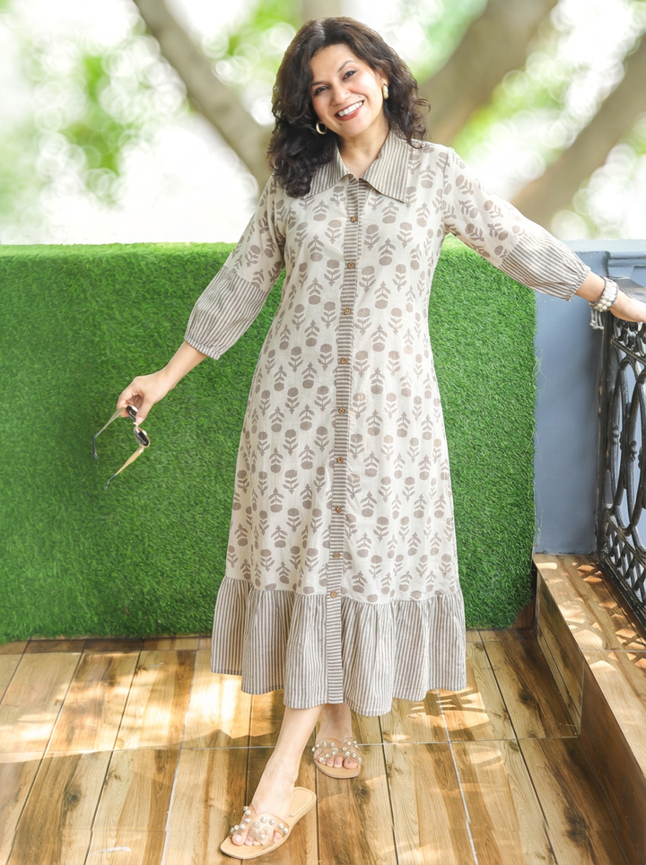 Misya Ice Latte Beige Dabu Printed Button Down Cotton Dress