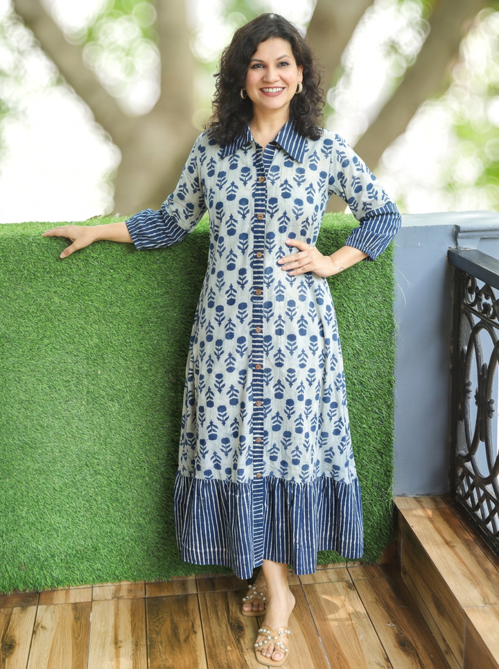 Misya Ice Blue Dabu Printed Button Down Cotton Dress