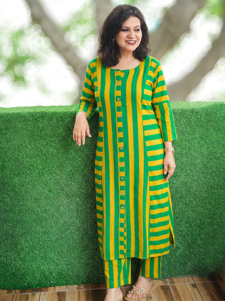 Anjali Neon Green Natural Ajrakh Print Button Down Panel 2 Piece Set