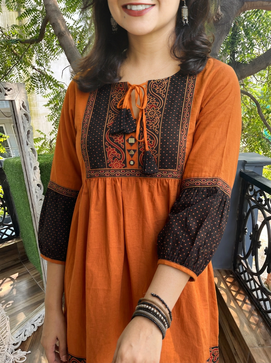 Naorang Rust Ajrak Patch with Mirror Peplum Short Cotton Kurti