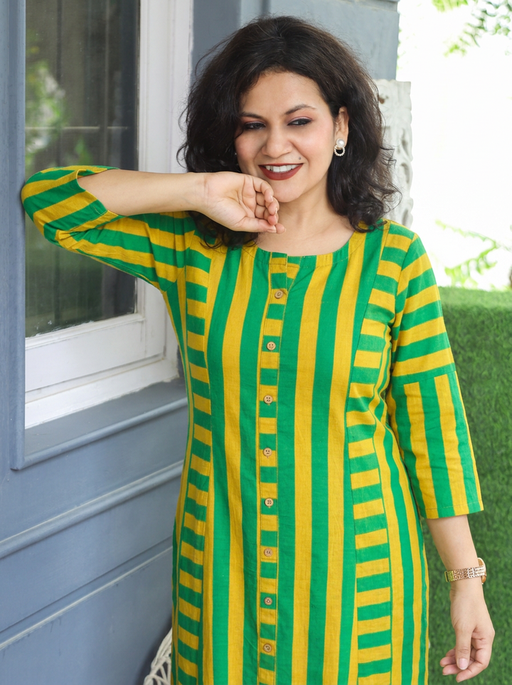 Anjali Neon Green Natural Ajrakh Print Button Down Panel 2 Piece Set