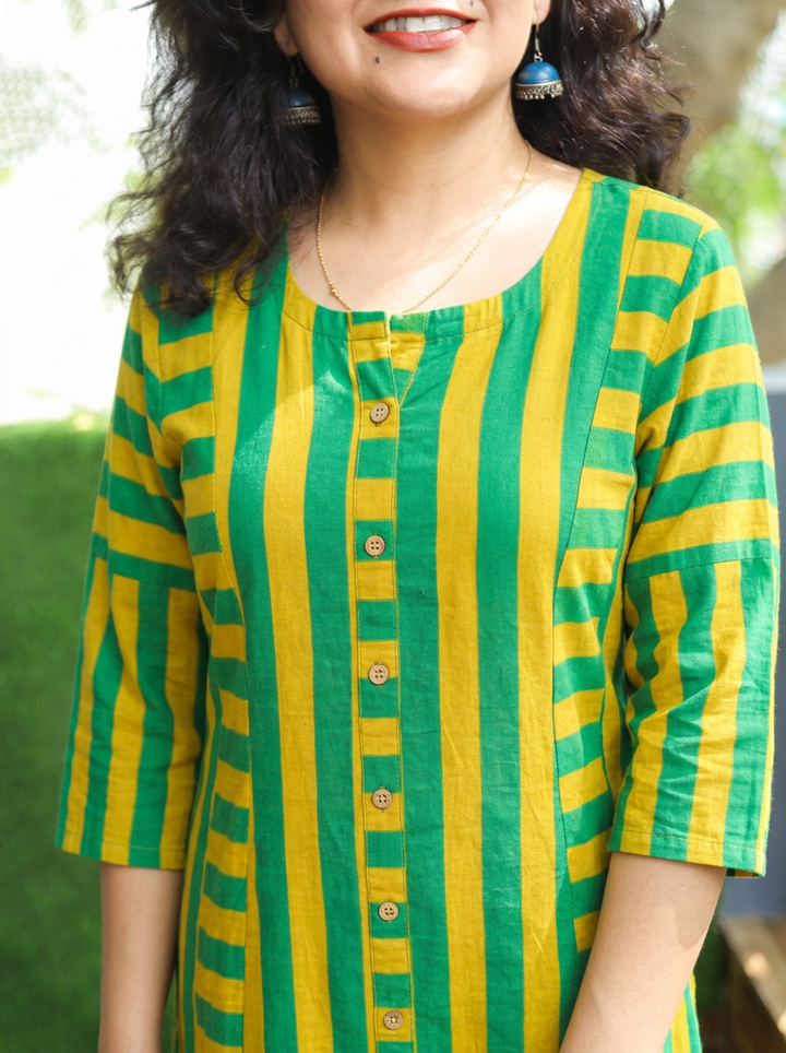 Anjali Neon Green Natural Ajrakh Print Button Down Panel 2 Piece Set
