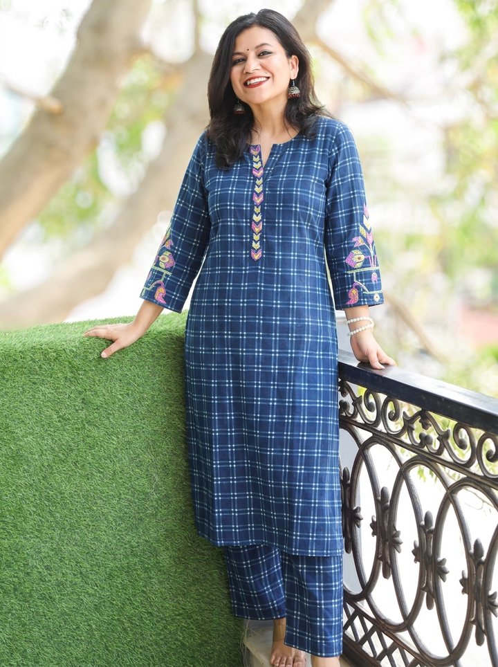 Prushna Denim Blue Embroidered Check Print Cotton Co-ord Set