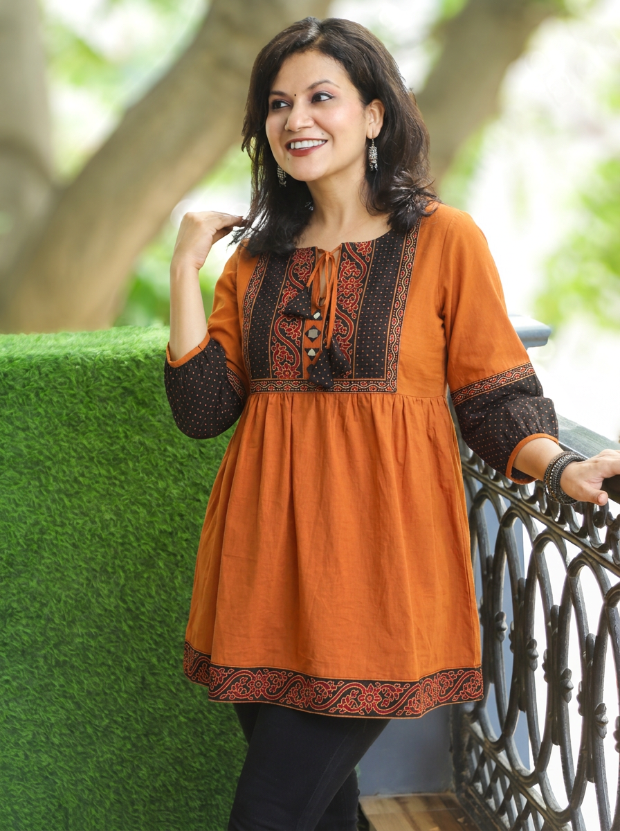 Naorang Rust Ajrak Patch with Mirror Peplum Short Cotton Kurti
