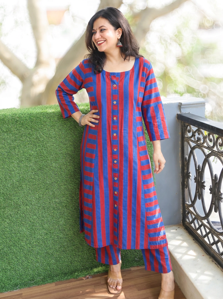 Anjali Blue Red Natural Ajrakh Print Button Down Panel 2 Piece Set