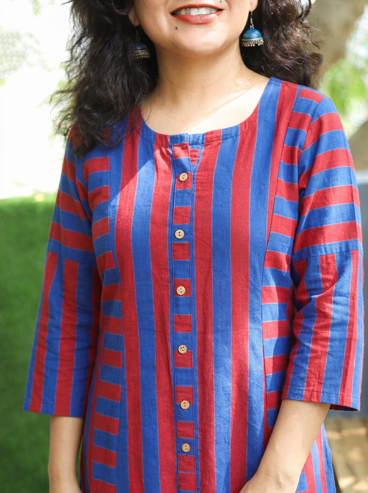 Anjali Blue Red Natural Ajrakh Print Button Down Panel 2 Piece Set