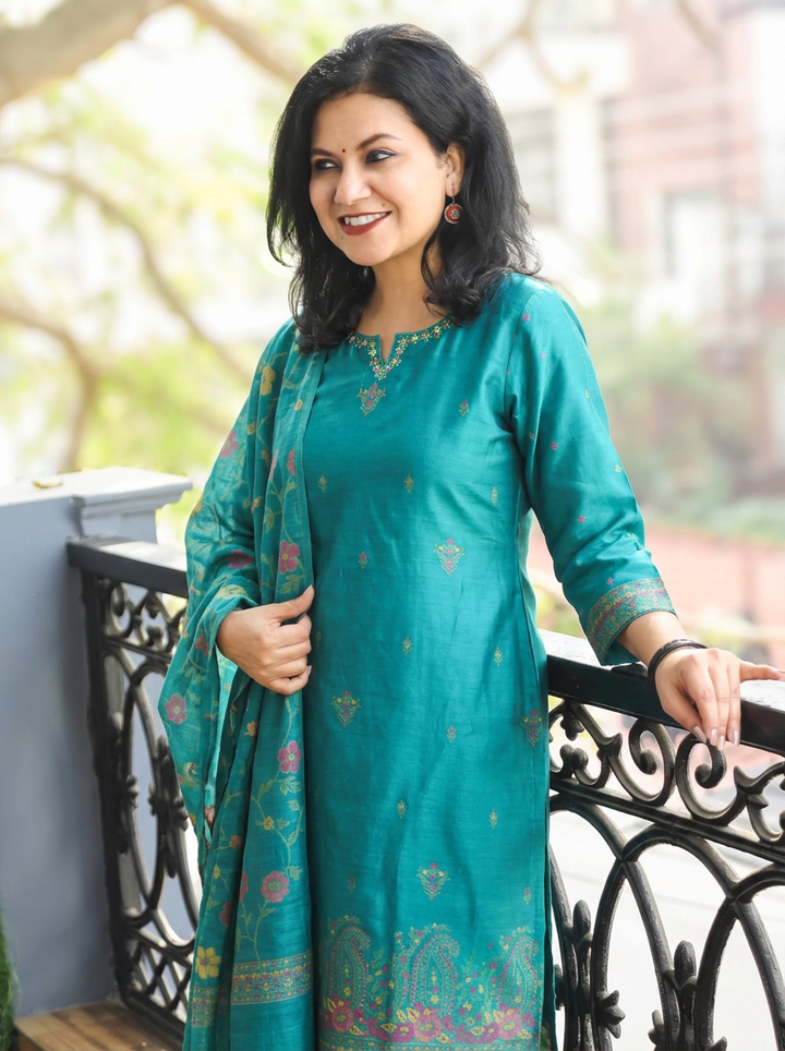 Nishroop Teal Floral Weaved Jamdani 3 Piece Set