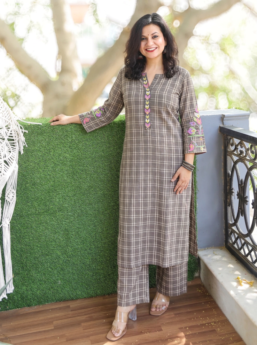 Prushna Tan Beige Embroidered Check Print Cotton Co-ord Set