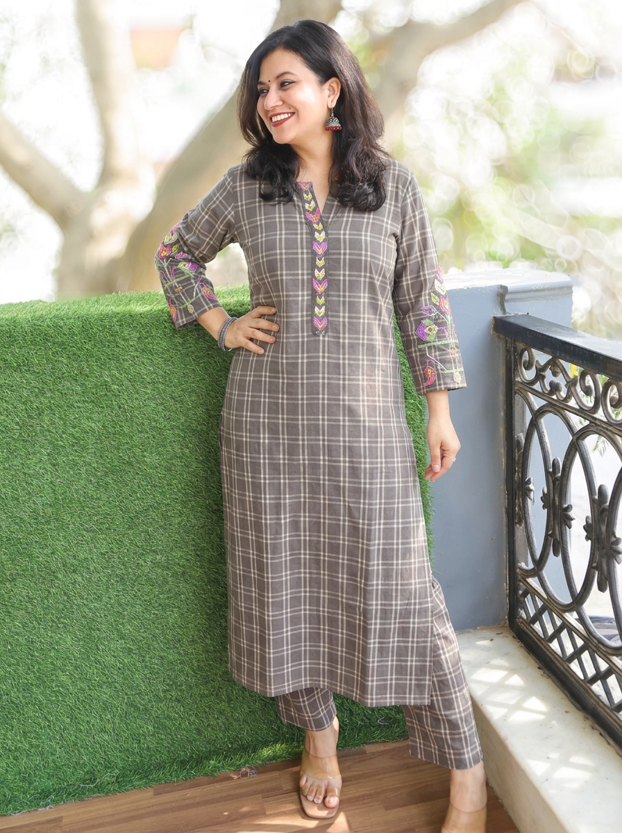 Prushna Tan Beige Embroidered Check Print Cotton Co-ord Set