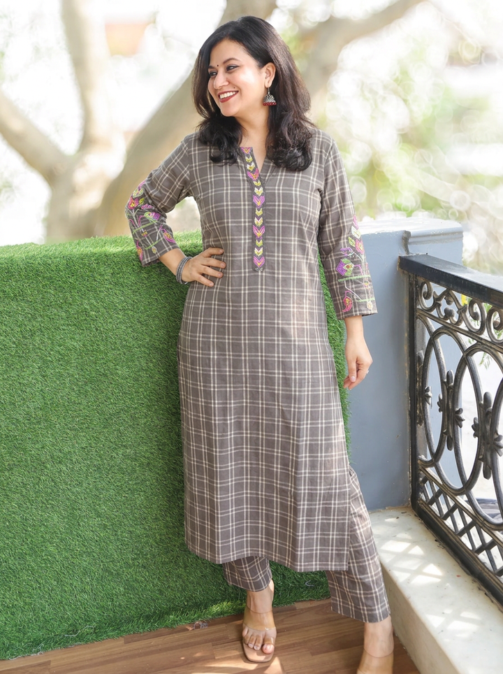 Prushna Tan Beige Embroidered Check Print Cotton Co-ord Set