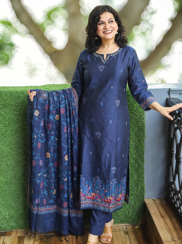 Nishroop Navy Blue Floral Weaved Jamdani 3 Piece Set