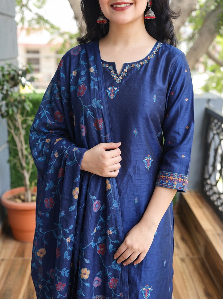 Nishroop Navy Blue Floral Weaved Jamdani 3 Piece Set