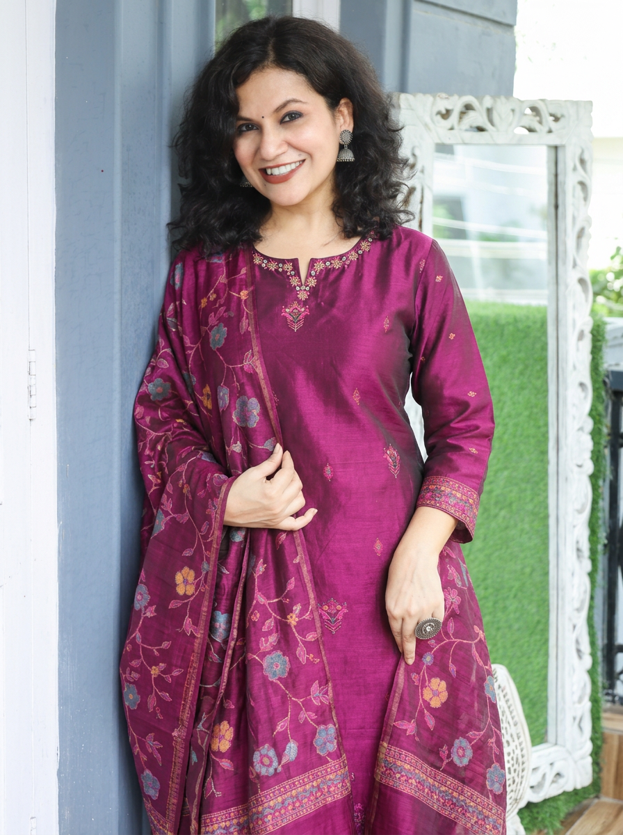 Nishroop Purple Floral Weaved Jamdani 3 Piece Set