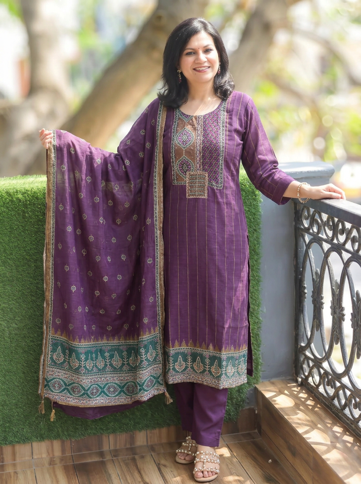 Elisha Jamuni Purple Kantha Embroidered Chanderi 3 Piece Set