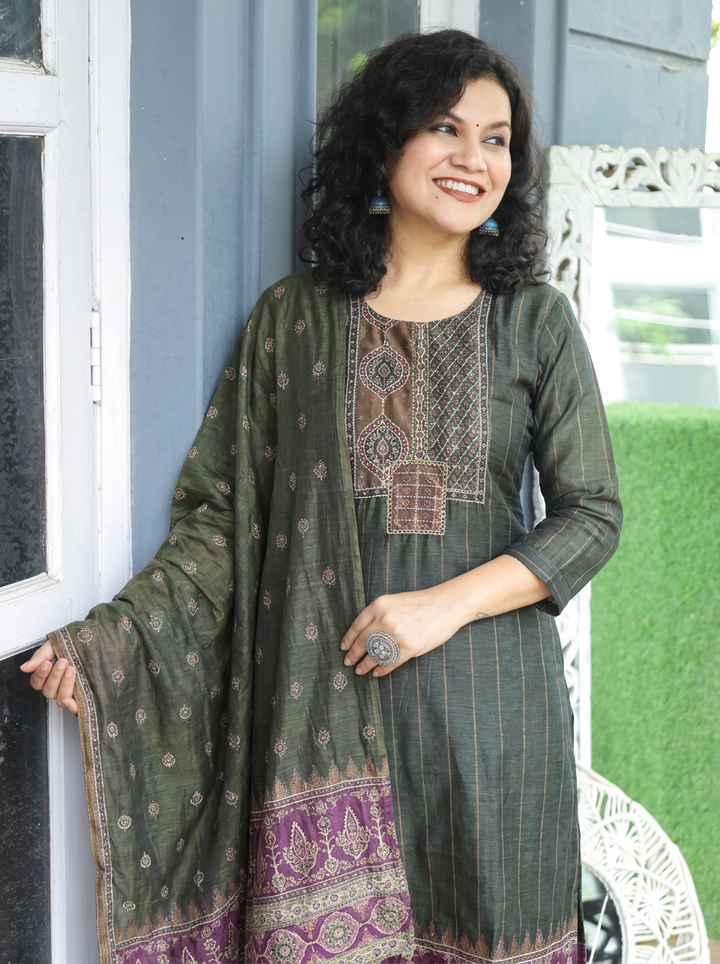 Elisha Twilight Green Kantha Embroidered Chanderi 3 Piece Set