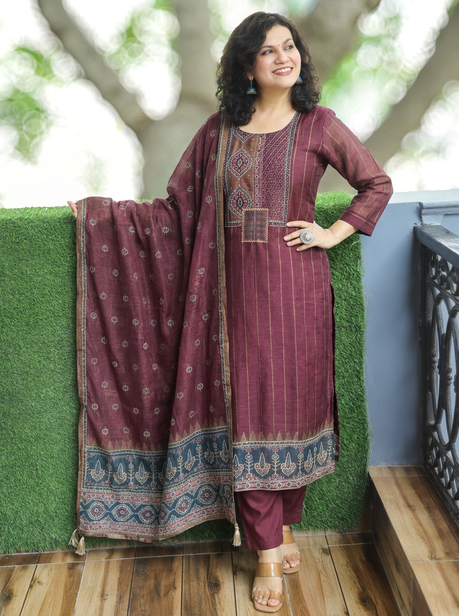 Elisha Barn Maroon Kantha Embroidered Chanderi 3 Piece Set