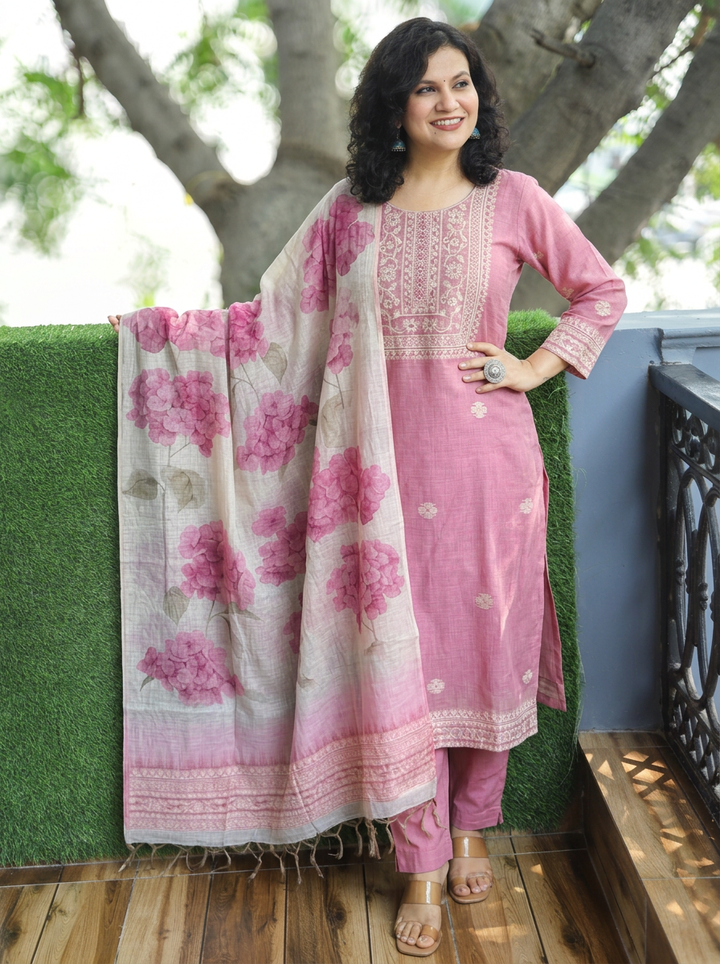 Sawbitri Baby Pink Jamdani Weaved 3 Piece Set