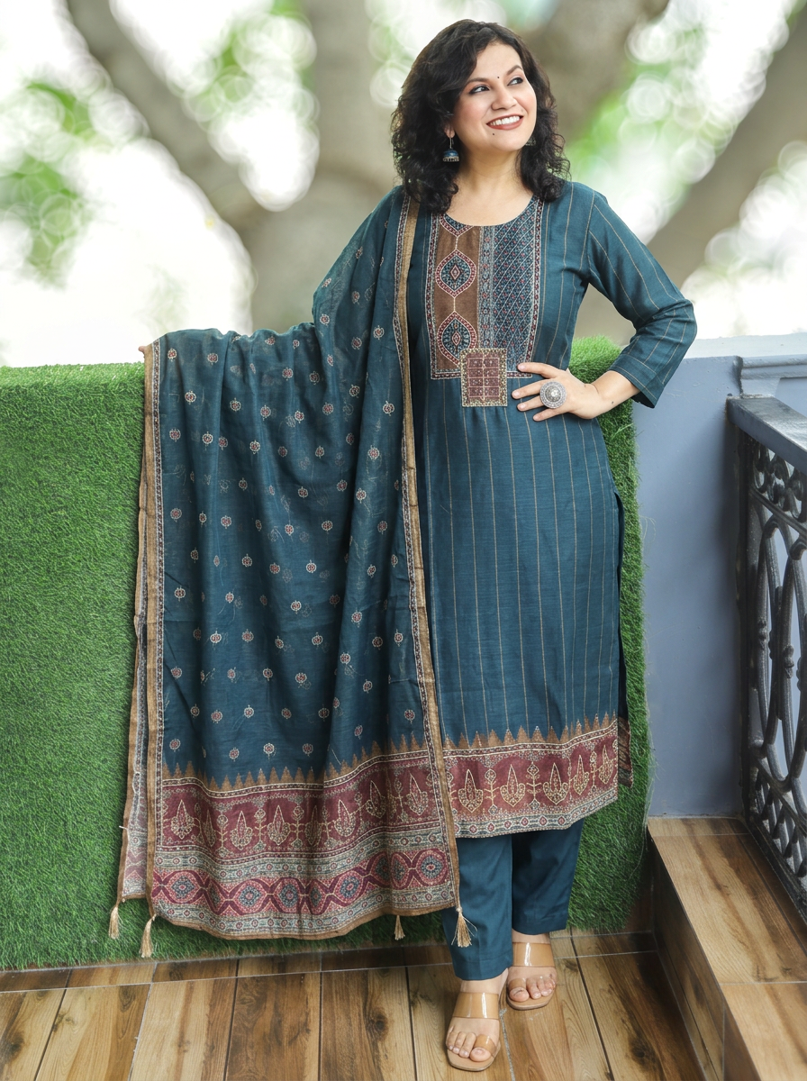 Elisha Navy Blue Kantha Embroidered Chanderi 3 Piece Set