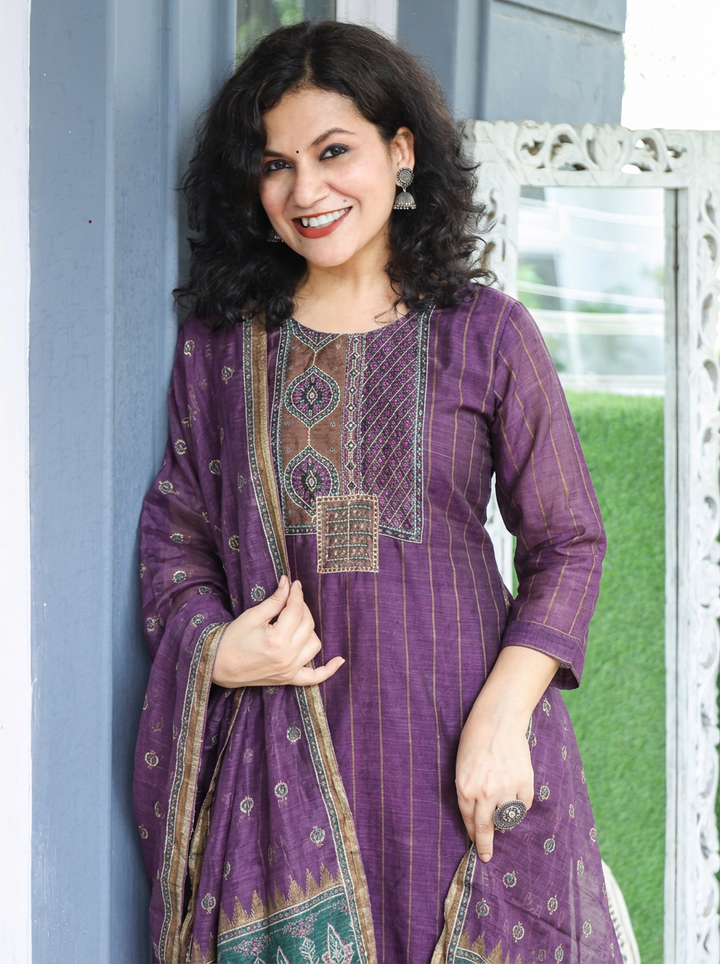 Elisha Jamuni Purple Kantha Embroidered Chanderi 3 Piece Set