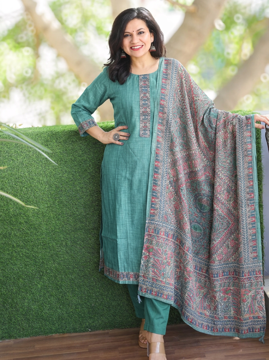 Elisha Sea Green Kantha Embroidered Chanderi 3 Piece Set