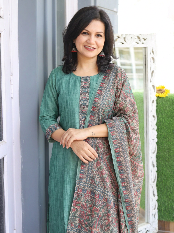 Elisha Sea Green Kantha Embroidered Chanderi 3 Piece Set