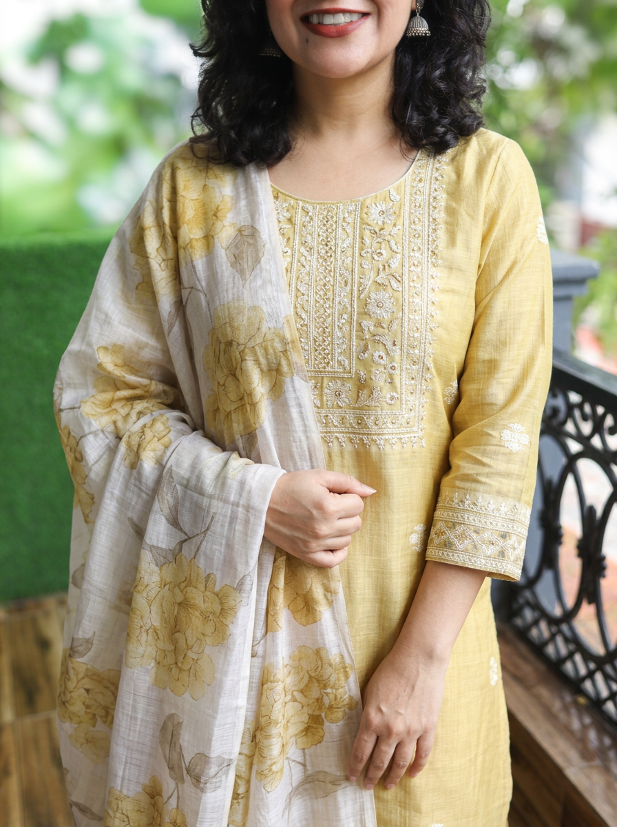 Sawbitri Butter Yellow Jamdani Weaved 3 Piece Set