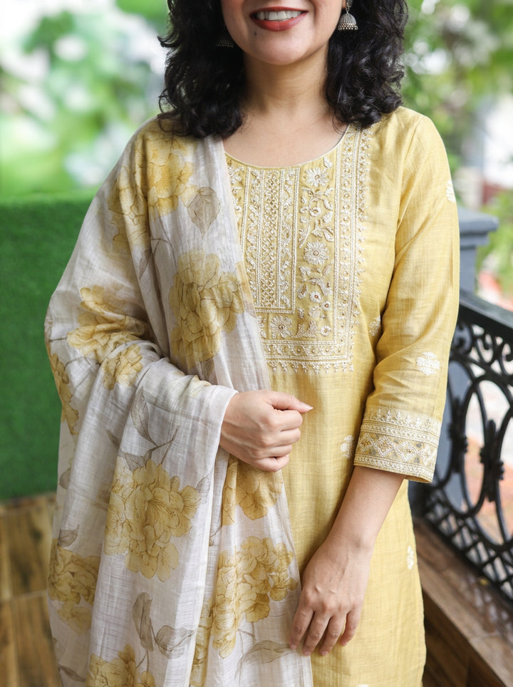 Sawbitri Butter Yellow Jamdani Weaved 3 Piece Set