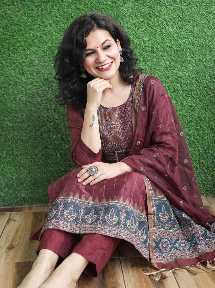 Elisha Barn Maroon Kantha Embroidered Chanderi 3 Piece Set