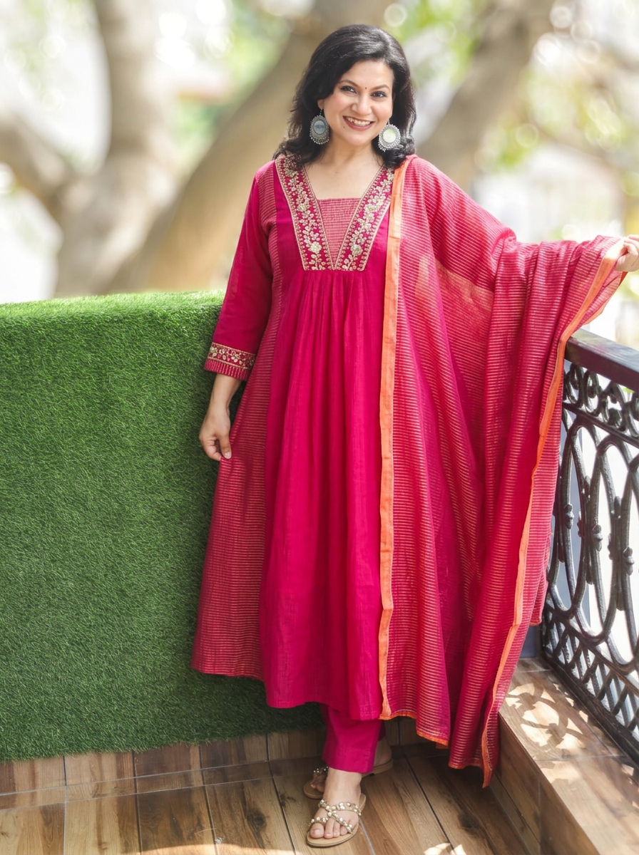 Shanya Rani Pink Embellish Panel Style Tissue Chanderi Set