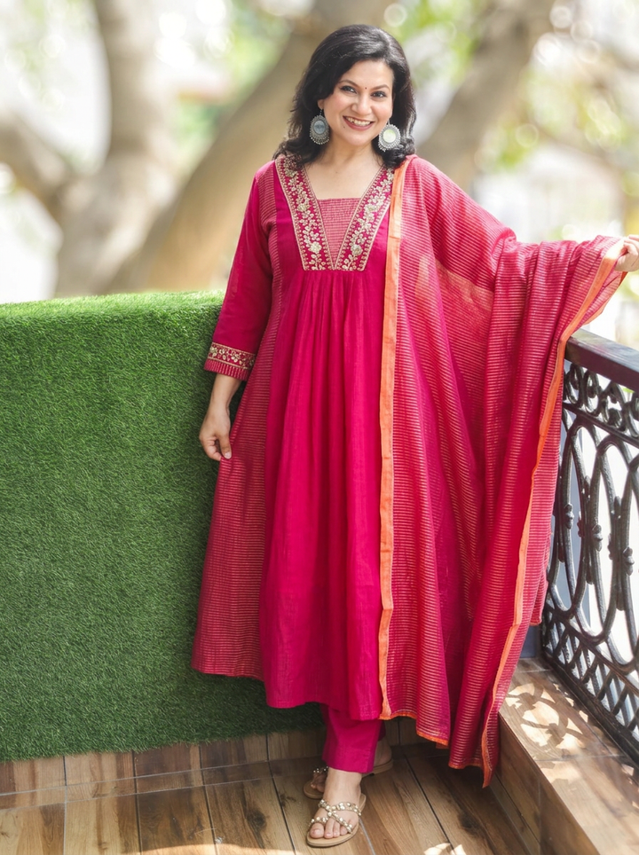 Shanya Rani Pink Embellish Panel Style Tissue Chanderi Set