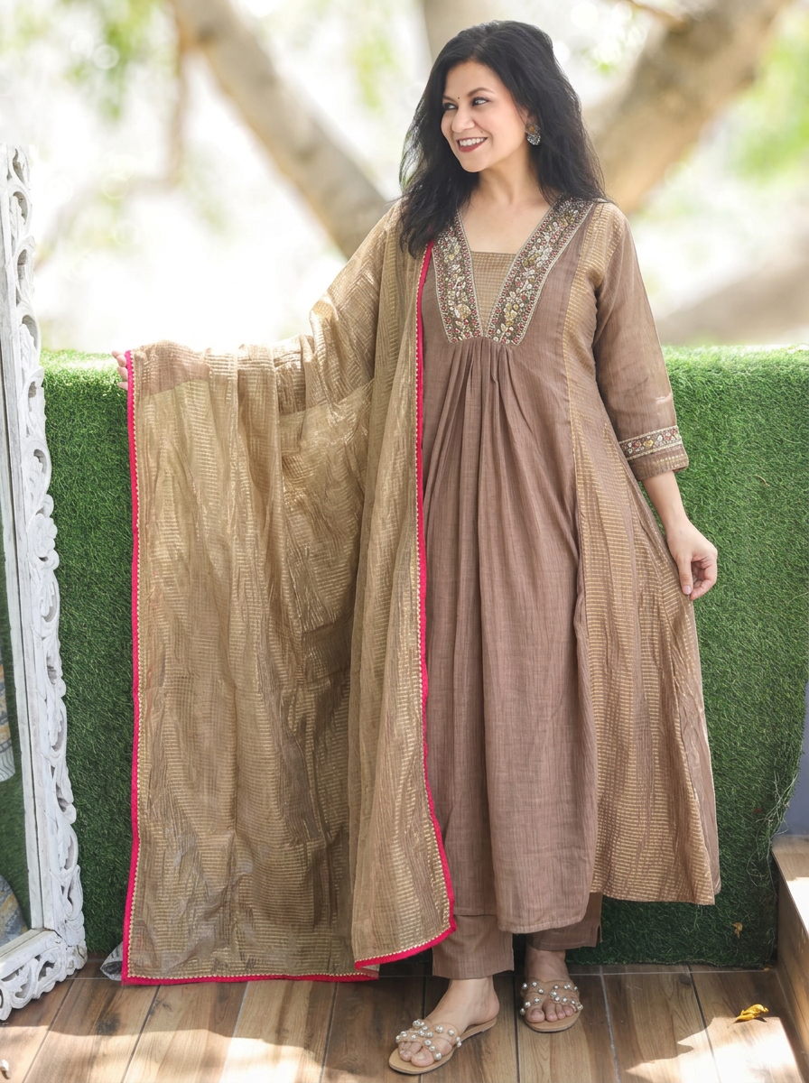 Shanya Hazel Tan Embellish Panel Style Tissue Chanderi Set