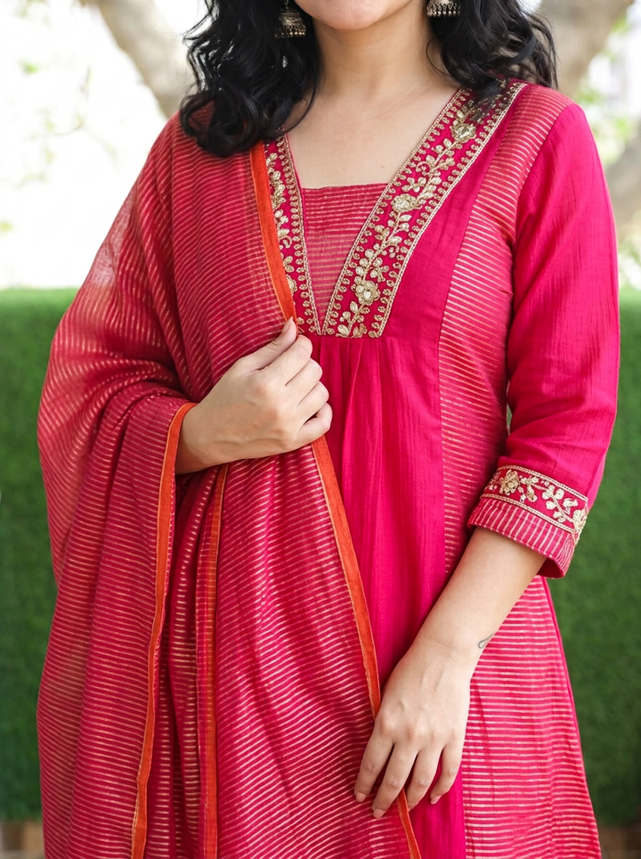 Shanya Rani Pink Embellish Panel Style Tissue Chanderi Set