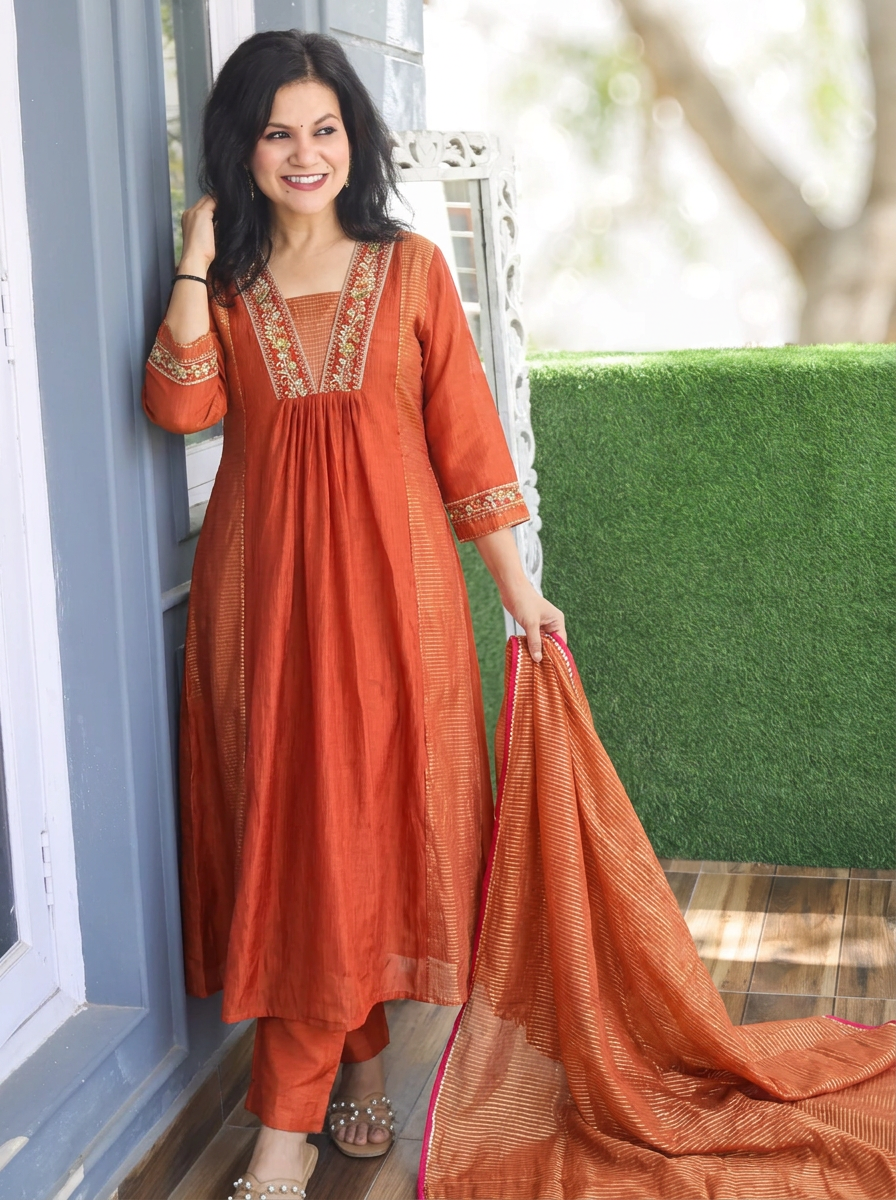 Shanya Tang Rust Embellish Panel Style Tissue Chanderi Set