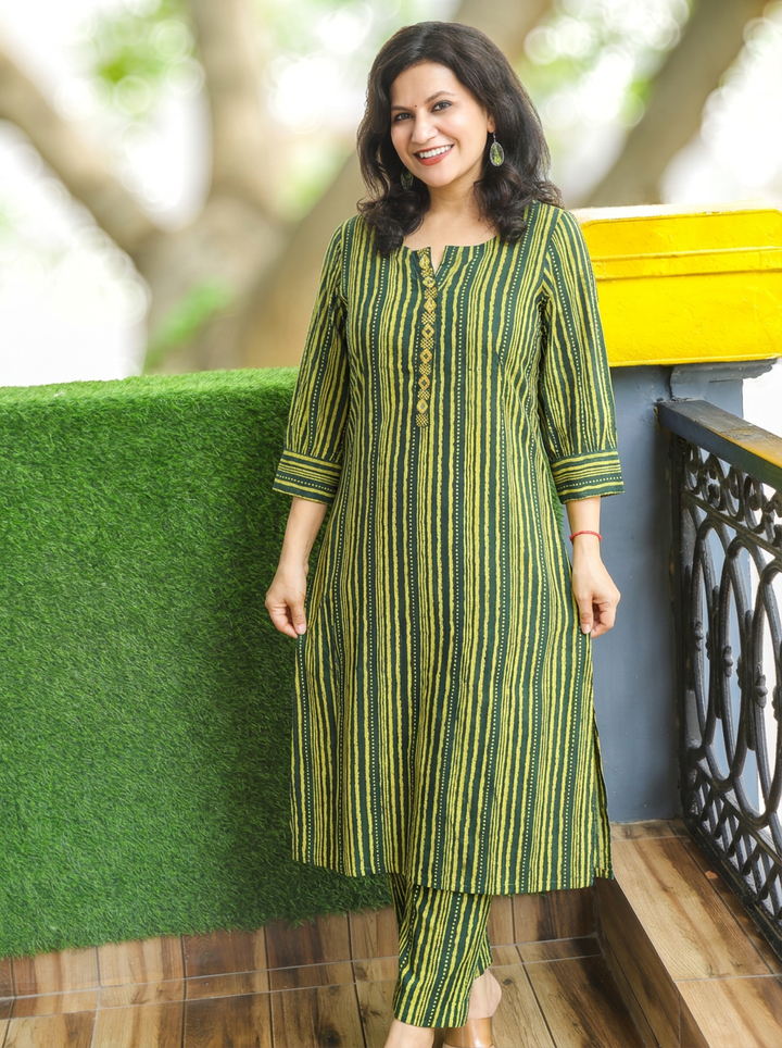 Noopuri Lime Green Stripe Printed Cotton Co-ord Set