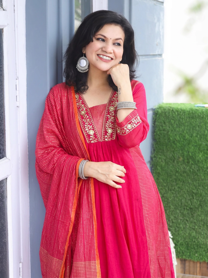 Shanya Rani Pink Embellish Panel Style Tissue Chanderi Set