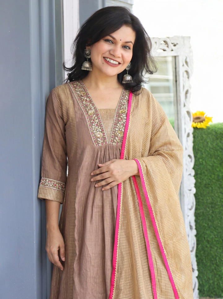 Shanya Hazel Tan Embellish Panel Style Tissue Chanderi Set