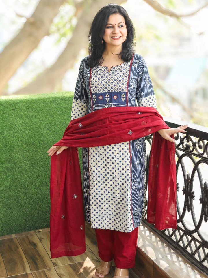 Anshuli Faded Blue Panel Style Dabu Printed Cotton 3 Piece Set