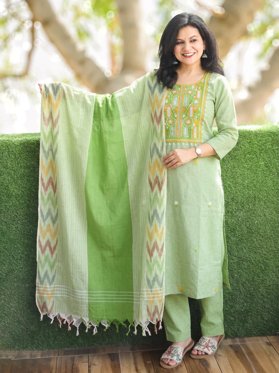 Iqra Mint Green Kolkata Hand Embroidered South Cotton 3 Piece Set