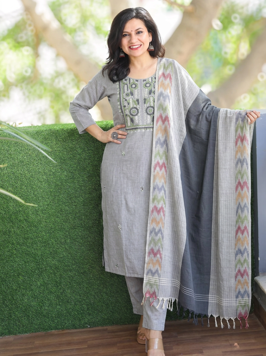 Iqra Fossil Grey Kolkata Hand Embroidered South Cotton 3 Piece Set