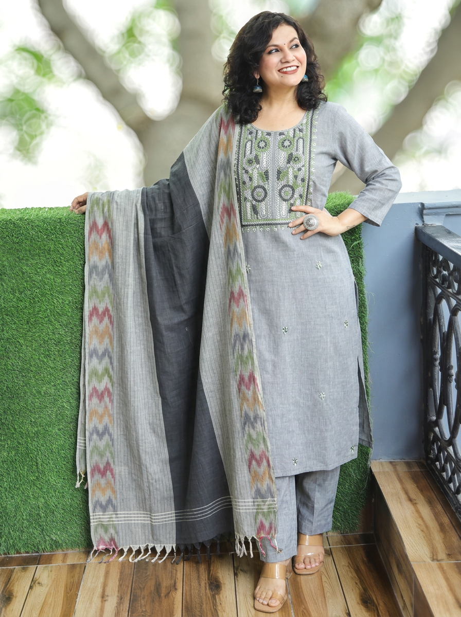 Iqra Fossil Grey Kolkata Hand Embroidered South Cotton 3 Piece Set