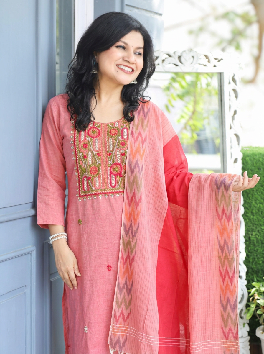 Iqra Petal Pink Kolkata Hand Embroidered South Cotton 3 Piece Set