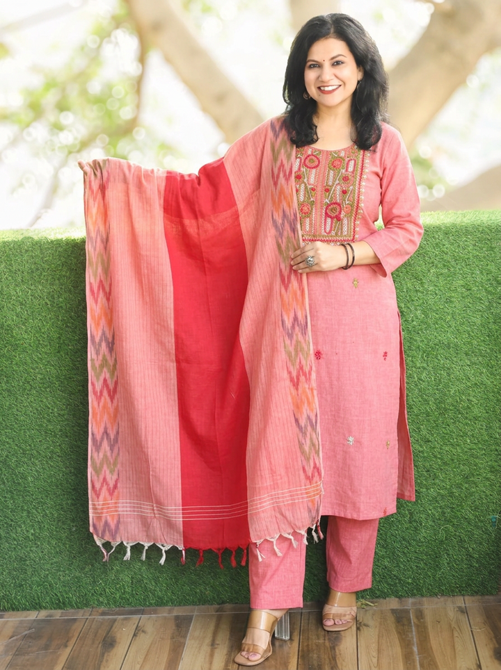 Iqra Petal Pink Kolkata Hand Embroidered South Cotton 3 Piece Set