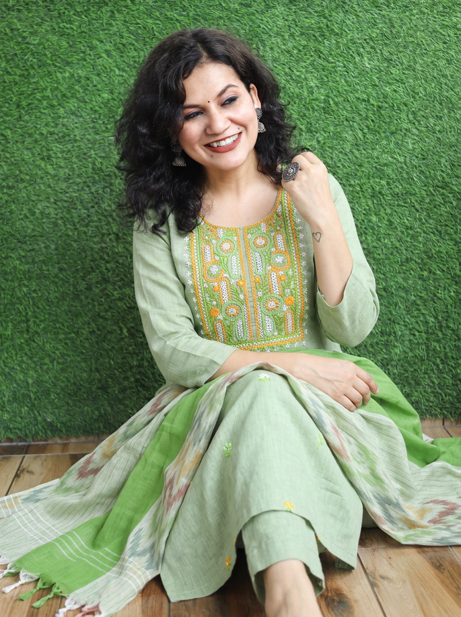 Iqra Mint Green Kolkata Hand Embroidered South Cotton 3 Piece Set