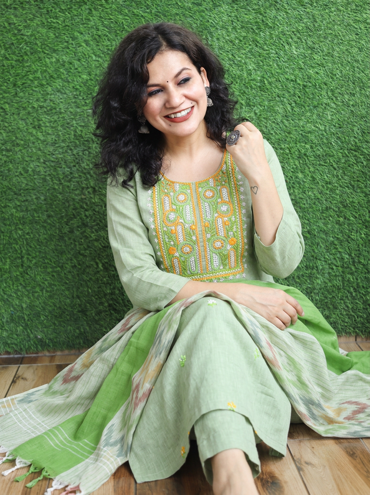 Iqra Mint Green Kolkata Hand Embroidered South Cotton 3 Piece Set
