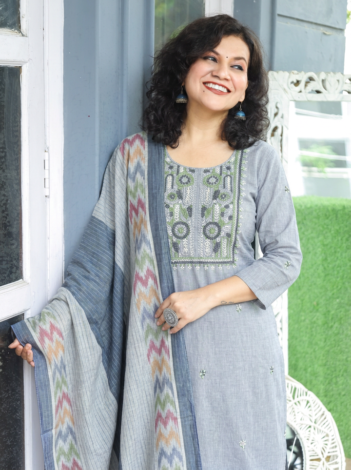 Iqra Fossil Grey Kolkata Hand Embroidered South Cotton 3 Piece Set