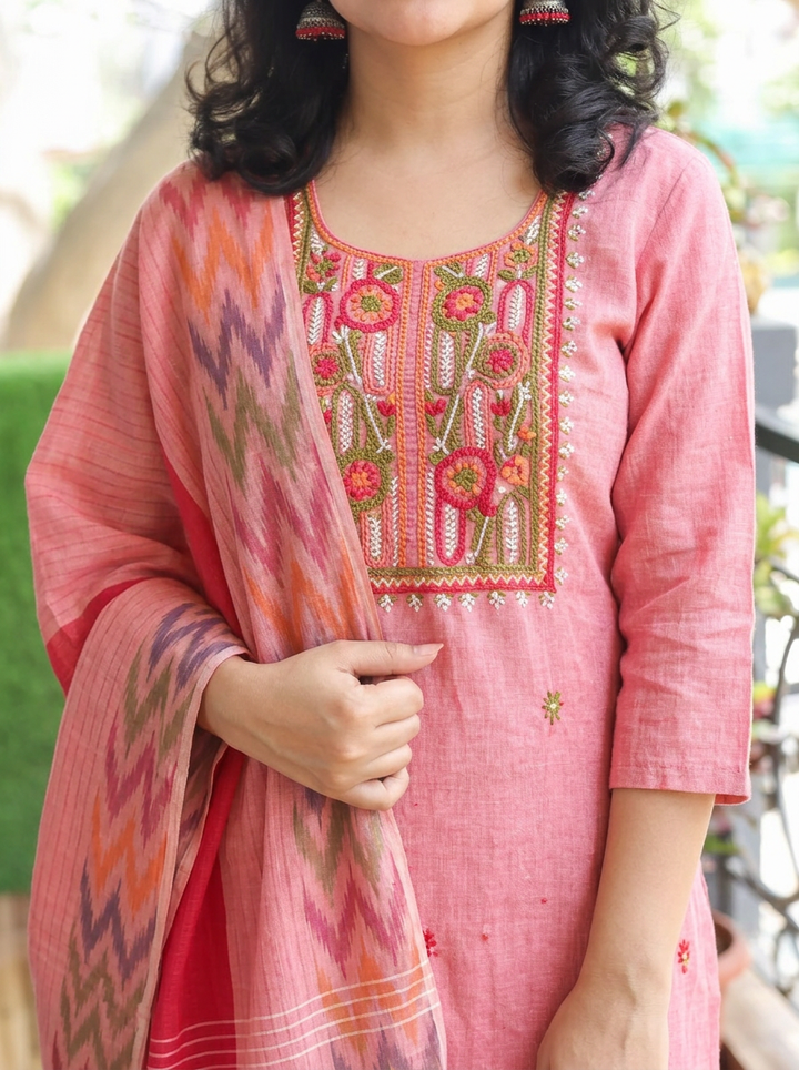 Iqra Petal Pink Kolkata Hand Embroidered South Cotton 3 Piece Set