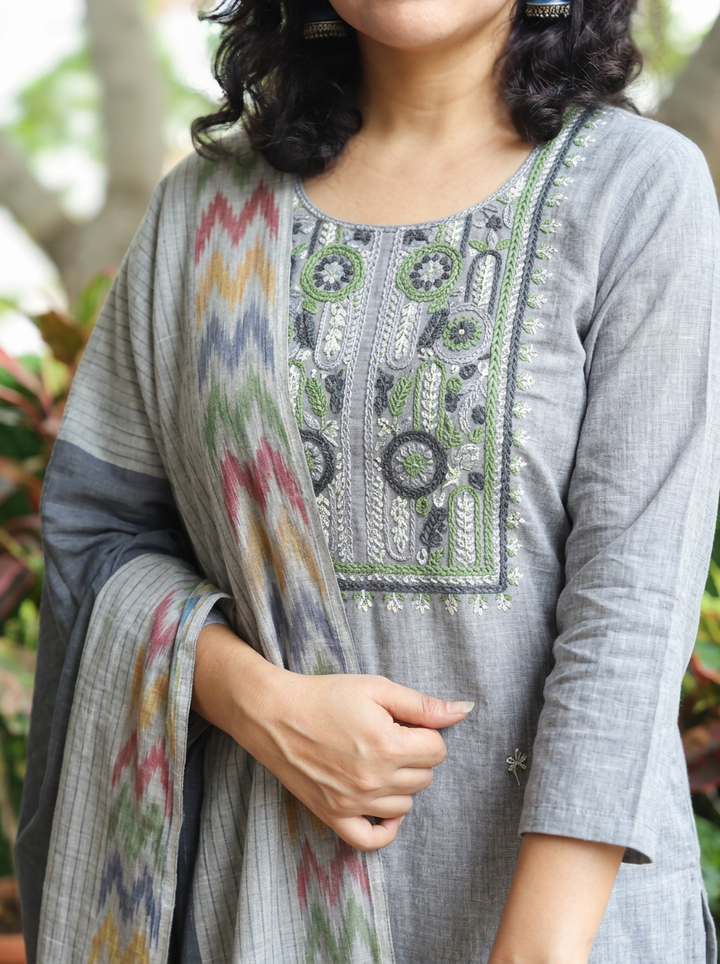 Iqra Fossil Grey Kolkata Hand Embroidered South Cotton 3 Piece Set